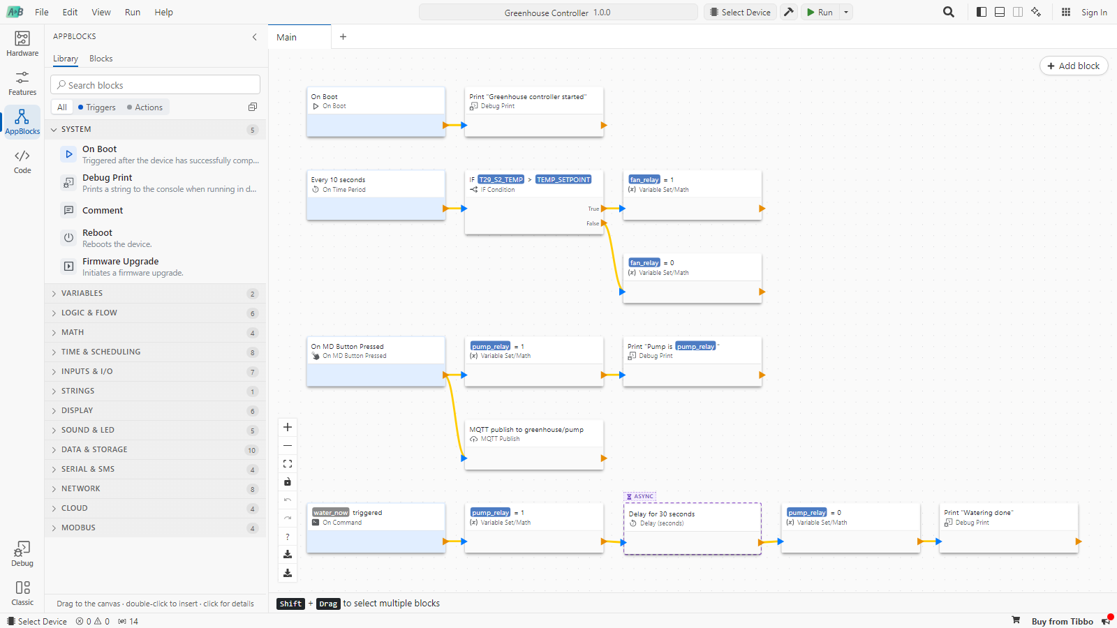 The AppBlocks step. The block library on the left lists categories from System to Modbus. The canvas shows four flows: On Boot printing a message; Every 10 seconds comparing T29_S2_TEMP with TEMP_SETPOINT and setting fan_relay to 1 or 0; On MD Button Pressed setting pump_relay and publishing to MQTT; and On Command water_now running the pump for 30 seconds.