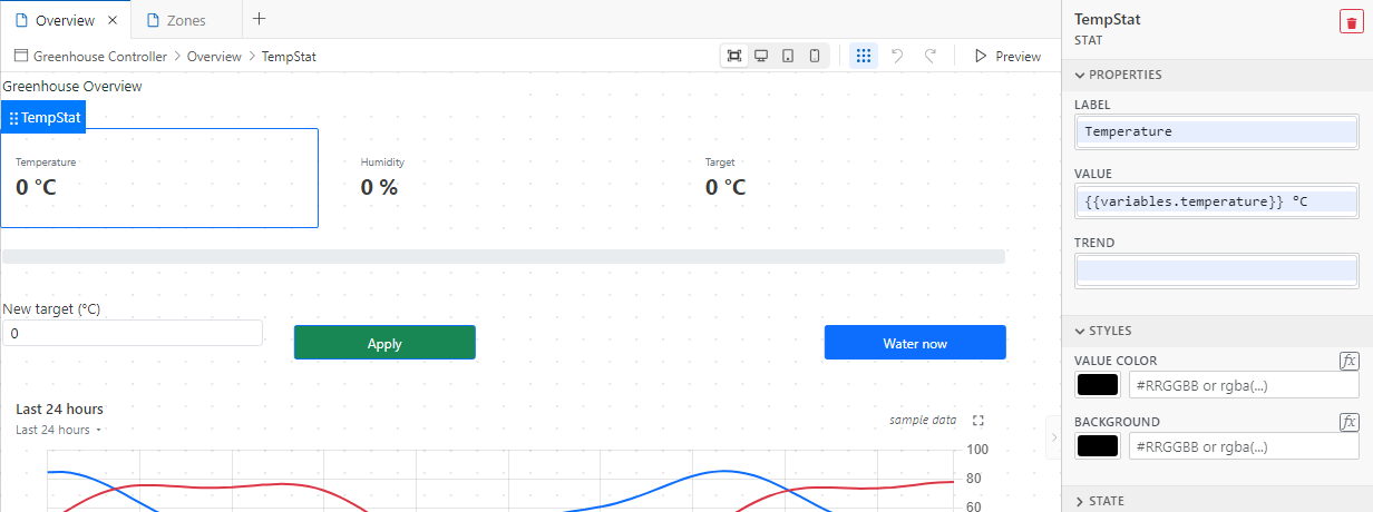 The TempStat component selected. Its Value property is {{variables.temperature}} °C.