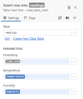 Settings of the Table Insert Row block: Table is readings, with parameters timestamp = time_now, temperature and humidity.
