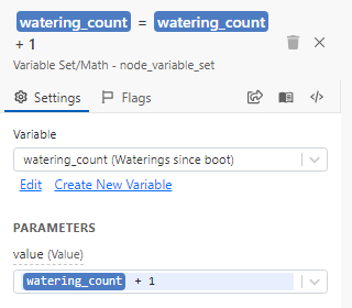 Settings of a Variable Set/Math block: Variable is watering_count, and the value parameter is watering_count + 1.