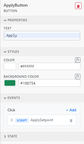 The ApplyButton properties with a Click event that runs the ApplySetpoint script.