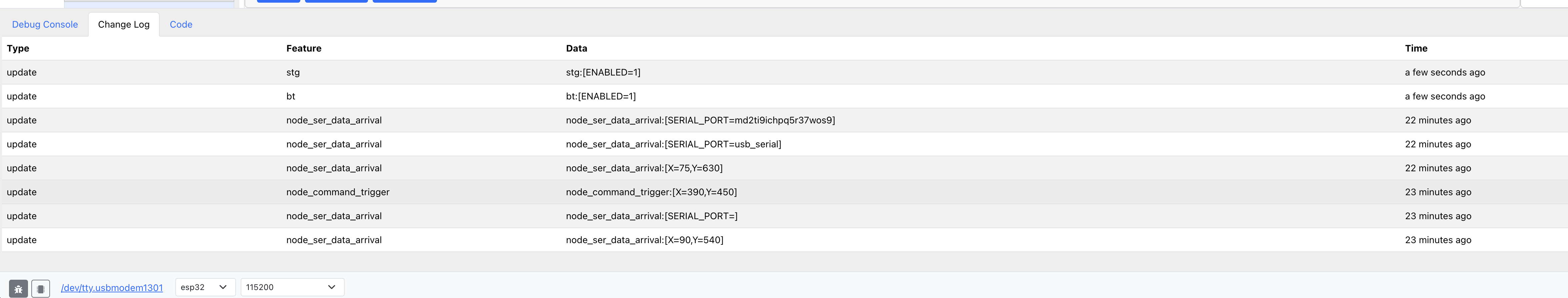 The bottom panel within the AppBlocks Editor. The panel shows options to configure an ESP32 baud rate and a changelog, including timestamps, change type, feature change, and change data.