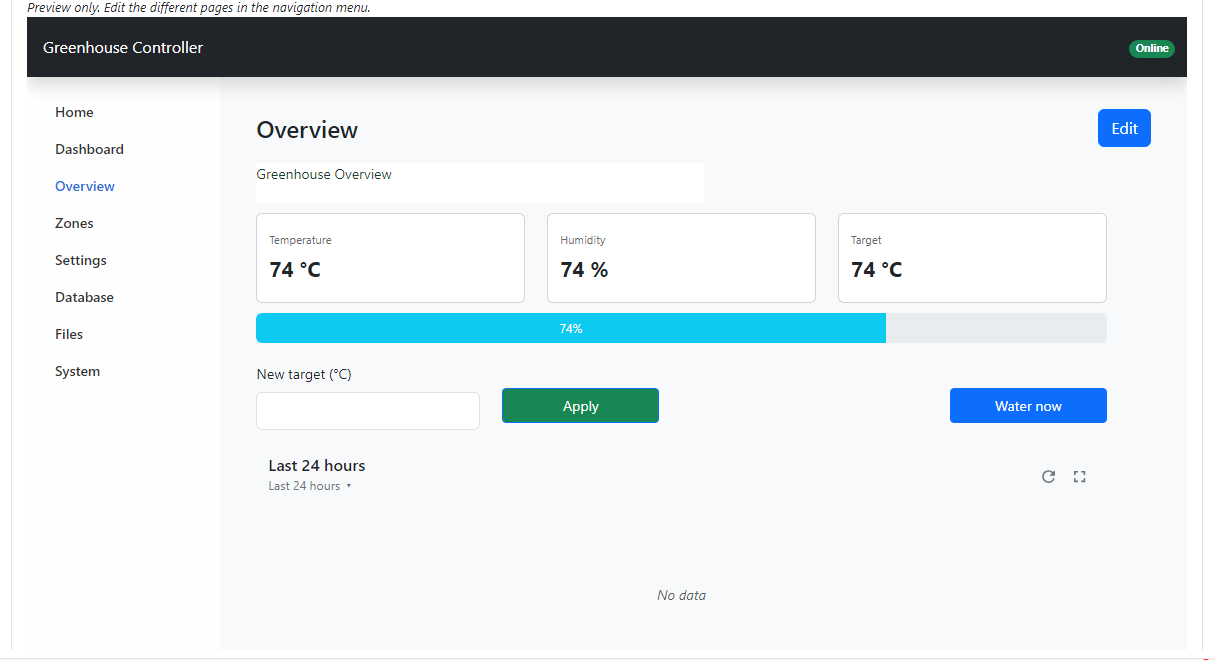 The Web Console preview showing a custom Overview page with Temperature, Humidity and Target stats, a humidity bar, a New target input with an Apply button, a Water now button and a Last 24 hours chart.