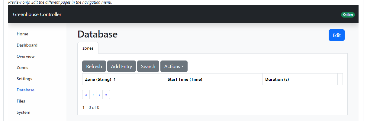 The Database page of the Web Console preview with a zones tab, Refresh, Add Entry, Search and Actions buttons, and columns Zone (String), Start Time (Time) and Duration (s).