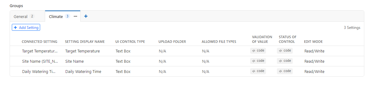 The Web Console groups editor with a Climate group containing Target Temperature, Site Name and Daily Watering Time.