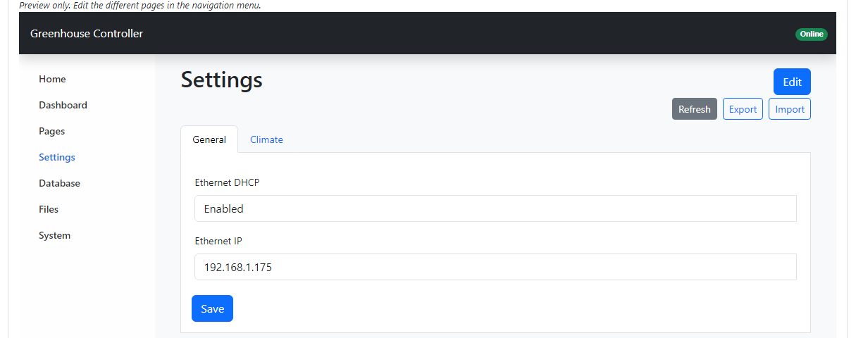 The Settings page of the Web Console preview with General and Climate tabs, Refresh, Export and Import buttons, and a Save button.
