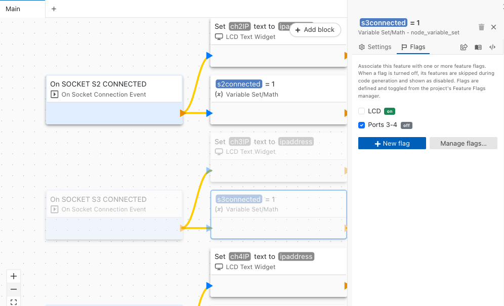 The AppBlocks canvas. The On SOCKET S3 CONNECTED event, the s3connected = 1 block and the Set ch3IP text block are faded because the Ports 3-4 flag is off. The chains for SOCKET S2 and the Set ch4IP block are shown normally. The Flags tab of the selected s3connected block shows Ports 3-4 ticked and off.