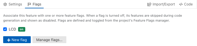 The Flags tab of the LCD for TPP2 feature. The LCD flag is ticked and marked on. New flag and Manage flags buttons are below it.