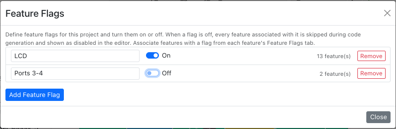 The Feature Flags manager with two flags: LCD, switched On with 13 features, and Ports 3-4, switched Off with 2 features. Each row has a Remove button, and an Add Feature Flag button is below the list.