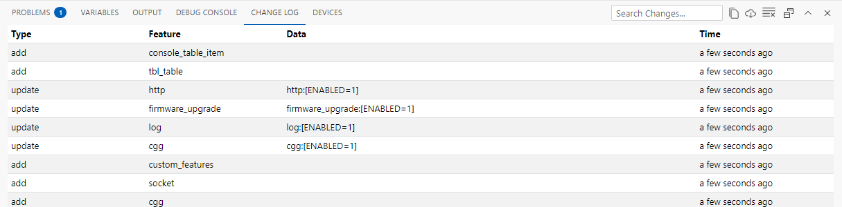 The Change Log tab after enabling AppBlocks Cloud. It lists updates that set ENABLED=1 on http, firmware_upgrade, log and cgg, and additions such as tbl_table, console_table_item and socket.