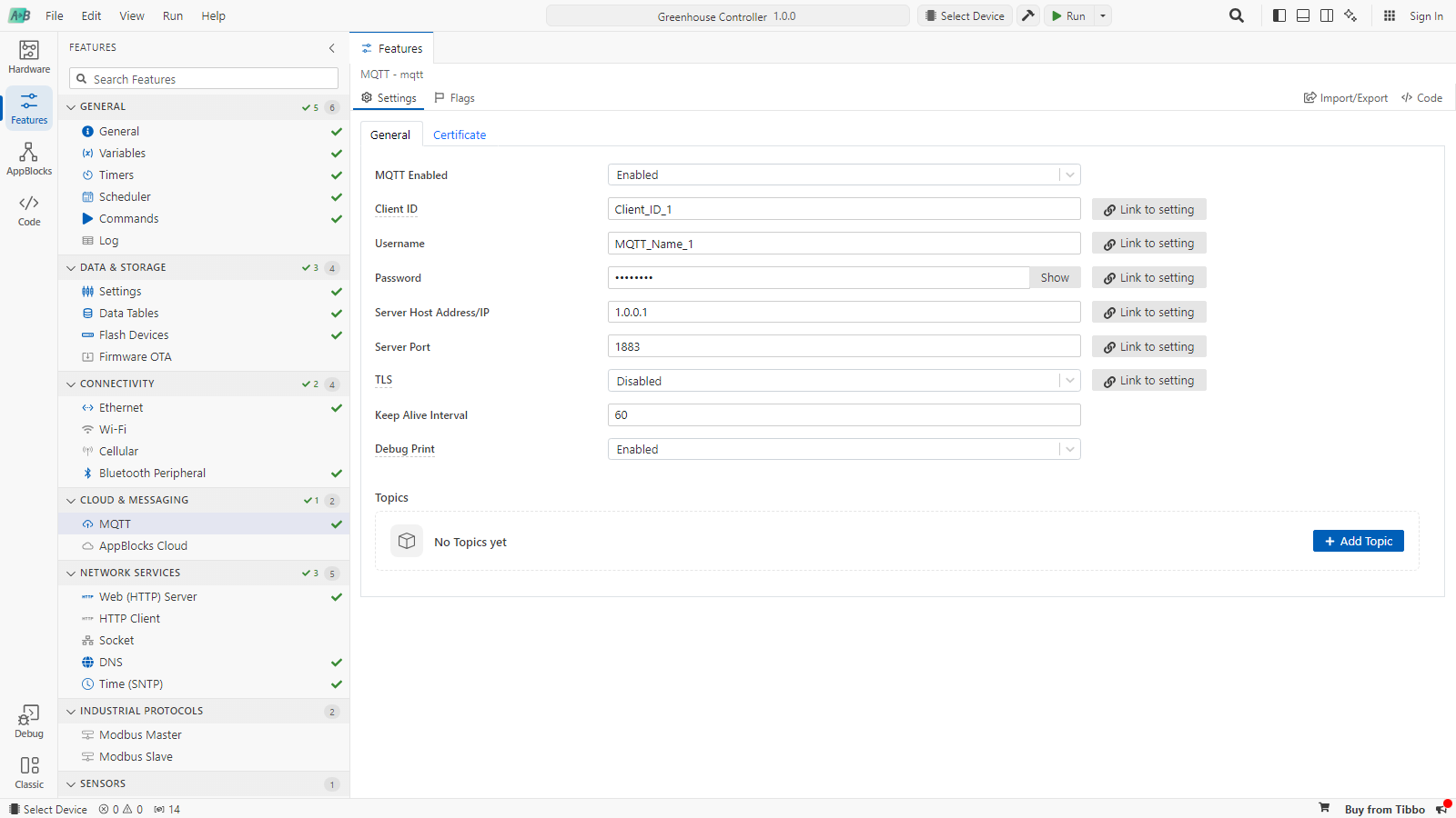 The Features step with MQTT selected. The feature list on the left is grouped into General, Data & Storage, Connectivity, Cloud & Messaging, Network Services and Industrial Protocols, with green checks on enabled features. The MQTT page shows MQTT Enabled, Client ID, Username, Password, Server Host Address/IP, Server Port, TLS, Keep Alive Interval and Debug Print, most with a Link to setting button, and an empty Topics list.