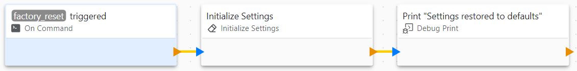 An On Command block for factory_reset connected to Initialize Settings and then to a Debug Print block.