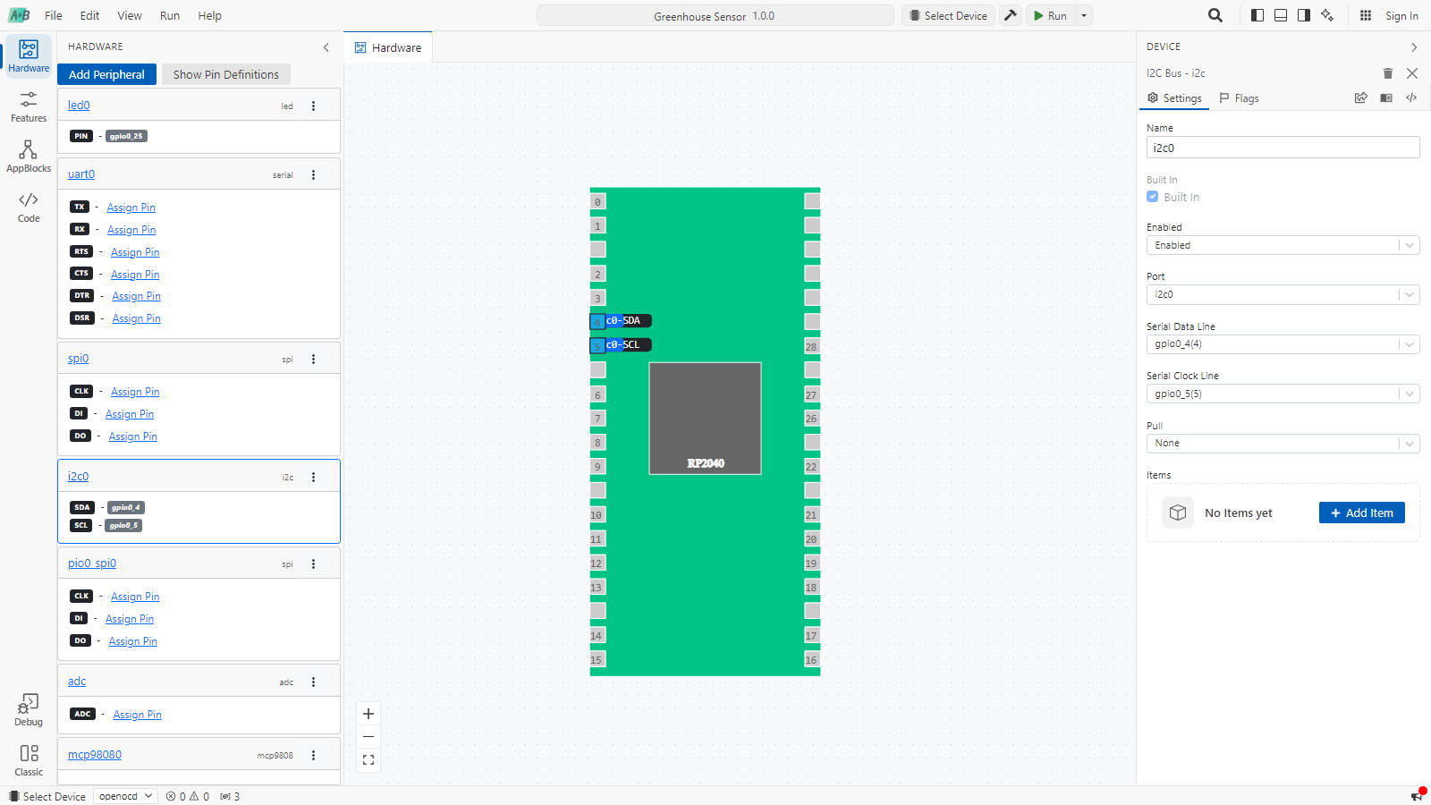 The Hardware step for a Raspberry Pi Pico. Peripheral cards for led0, uart0, spi0, i2c0, pio0_spi0, adc and mcp98080 are on the left, the pin diagram is in the middle with pins 4 and 5 labelled i2c0-SDA and i2c0-SCL, and the i2c0 settings are on the right.