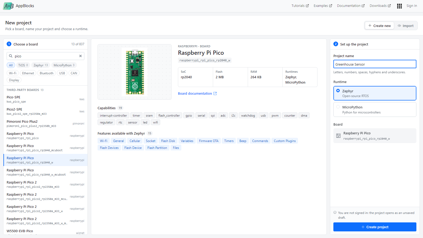 The New project page with Raspberry Pi Pico W selected. The board preview lists its SoC, flash, RAM, runtimes, capabilities and the features available with Zephyr, and the Set up the project panel offers Zephyr and MicroPython runtimes.