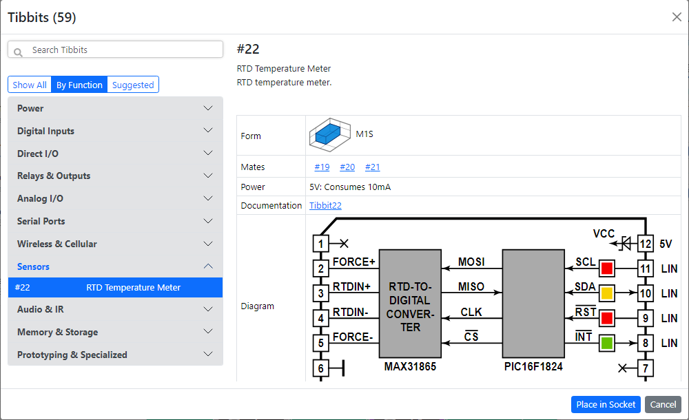The Tibbits dialog opened from an empty socket, with Sensors expanded and Tibbit #22 RTD Temperature Meter selected. The details show its form, mating connectors, power consumption, documentation link and wiring diagram, with a Place in Socket button.