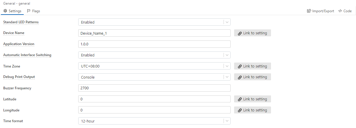 The General feature page with Link to setting buttons next to Device Name, Time Zone, Debug Print Output, Latitude and Longitude.