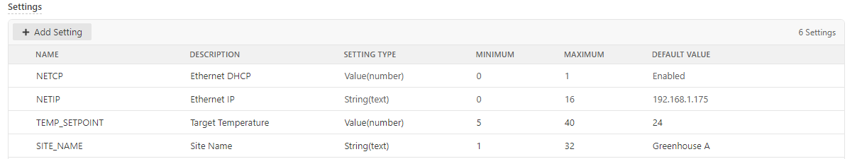 The settings list with the new GNAME setting: Device Name, String(text), 0 to 32, default Device_Name_1.