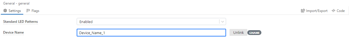 The Device Name property after linking, with an Unlink button and a GNAME tag.