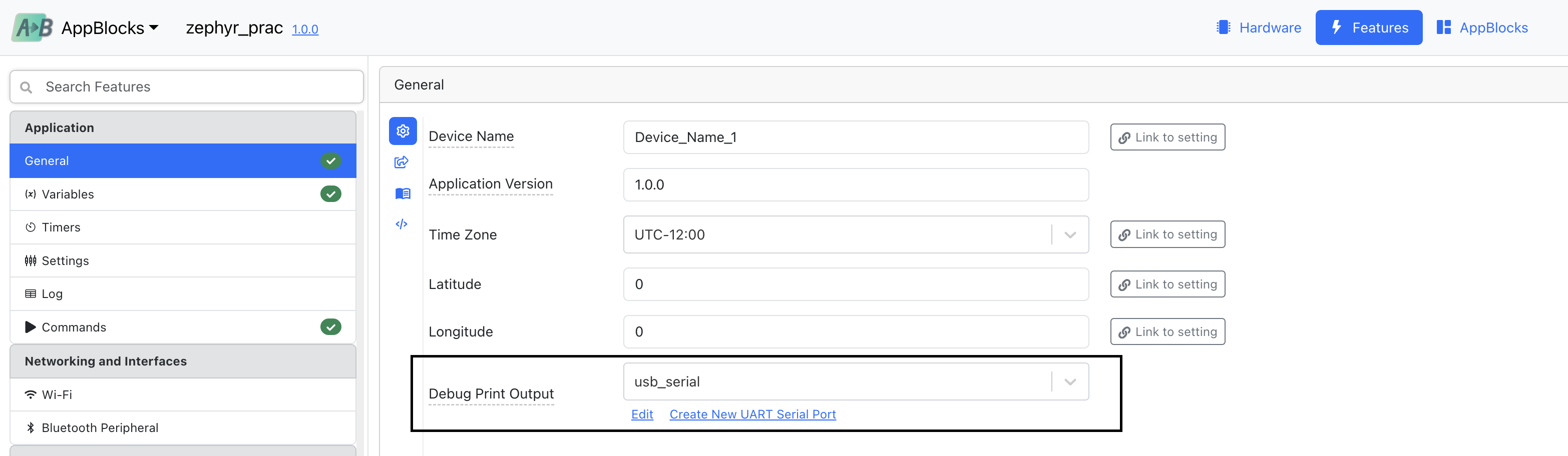 The General menu under the Features tab in the AppBlocks Editor. A box is highlighting the location of the Debug Print Output option.