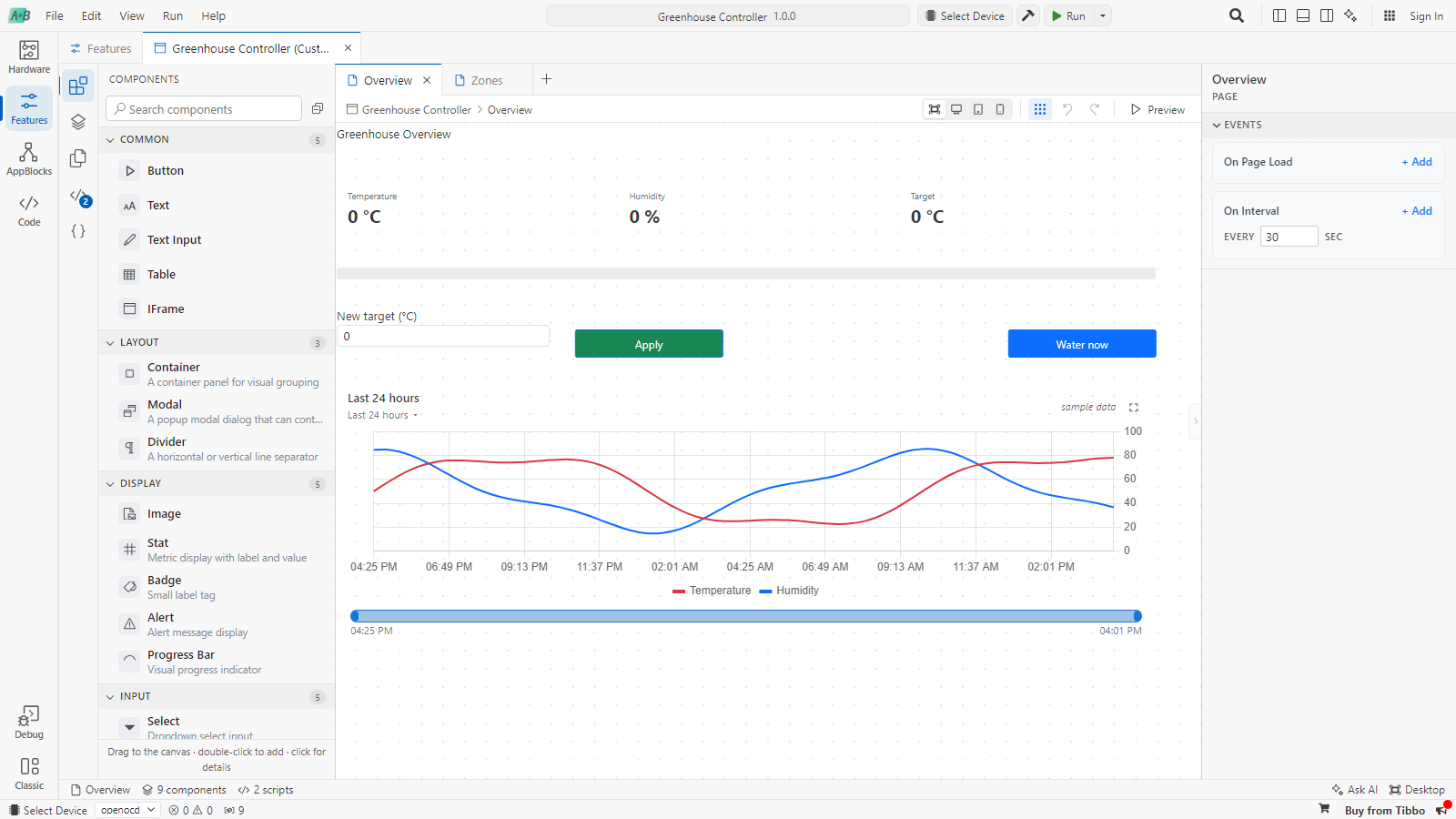 The custom page editor. The left side has a Components library; the canvas shows the Overview page; the right side shows page Events: On Page Load and On Interval every 30 seconds.