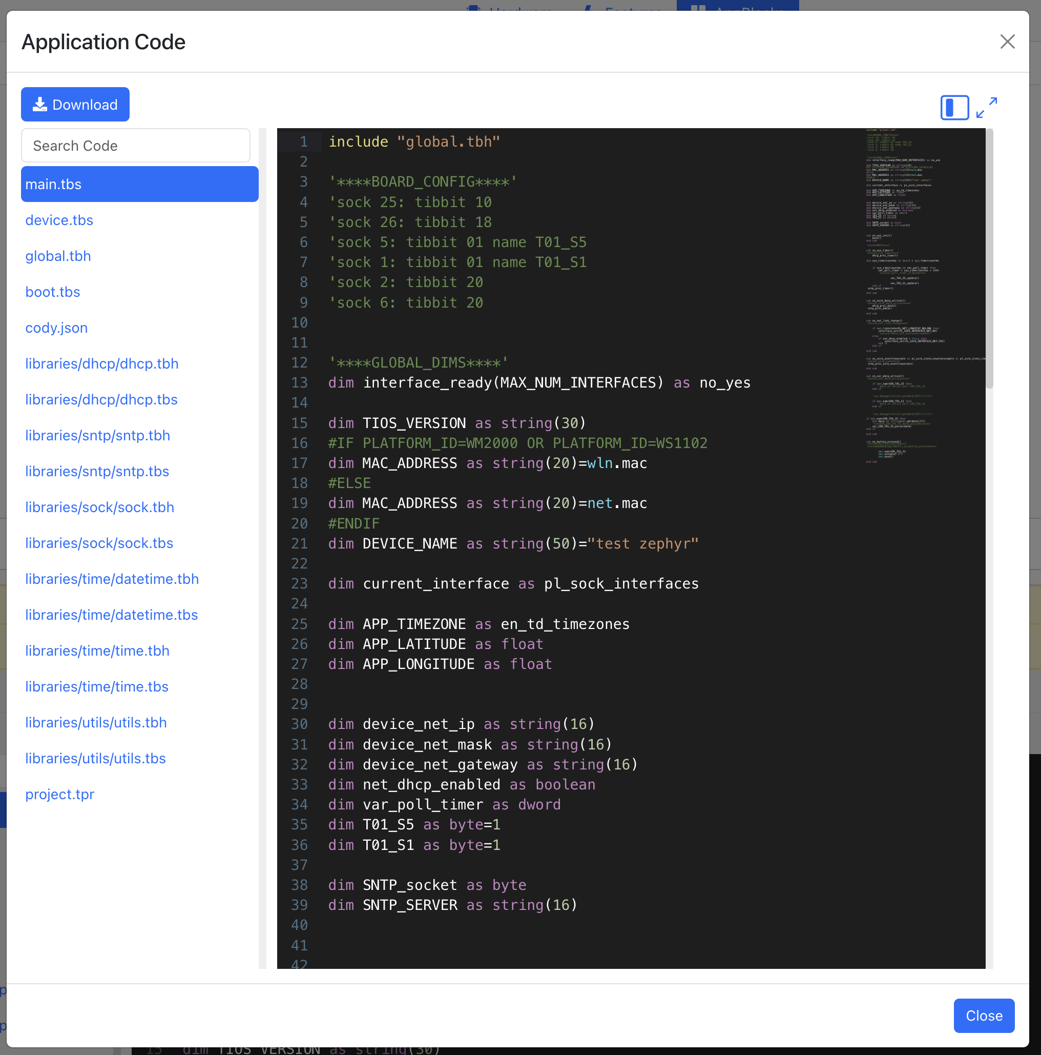 Modal containing AppBlocks generated code.