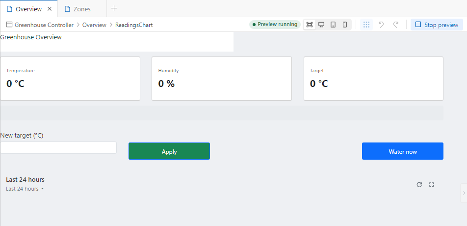 The page editor in preview mode with a Preview running indicator and a Stop preview button.