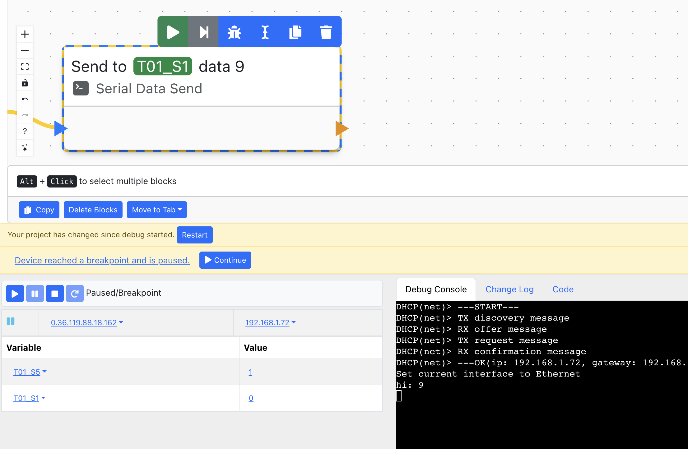 Debugging features in AppBlocks, including buttons for restarting, continue, pause, step into, stop, add/remove breakpoint, a debug console, and more.