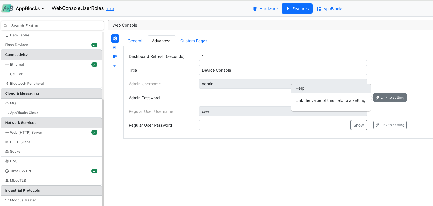 Web Console Advanced tab with admin and regular user credentials
