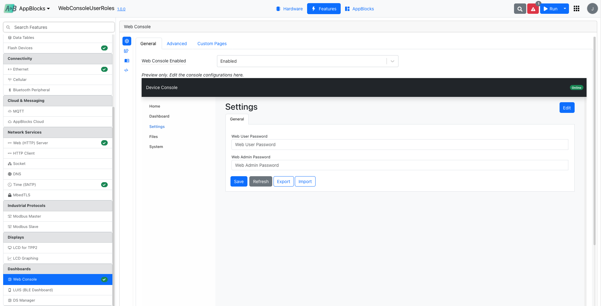 Web Console General tab showing the console preview