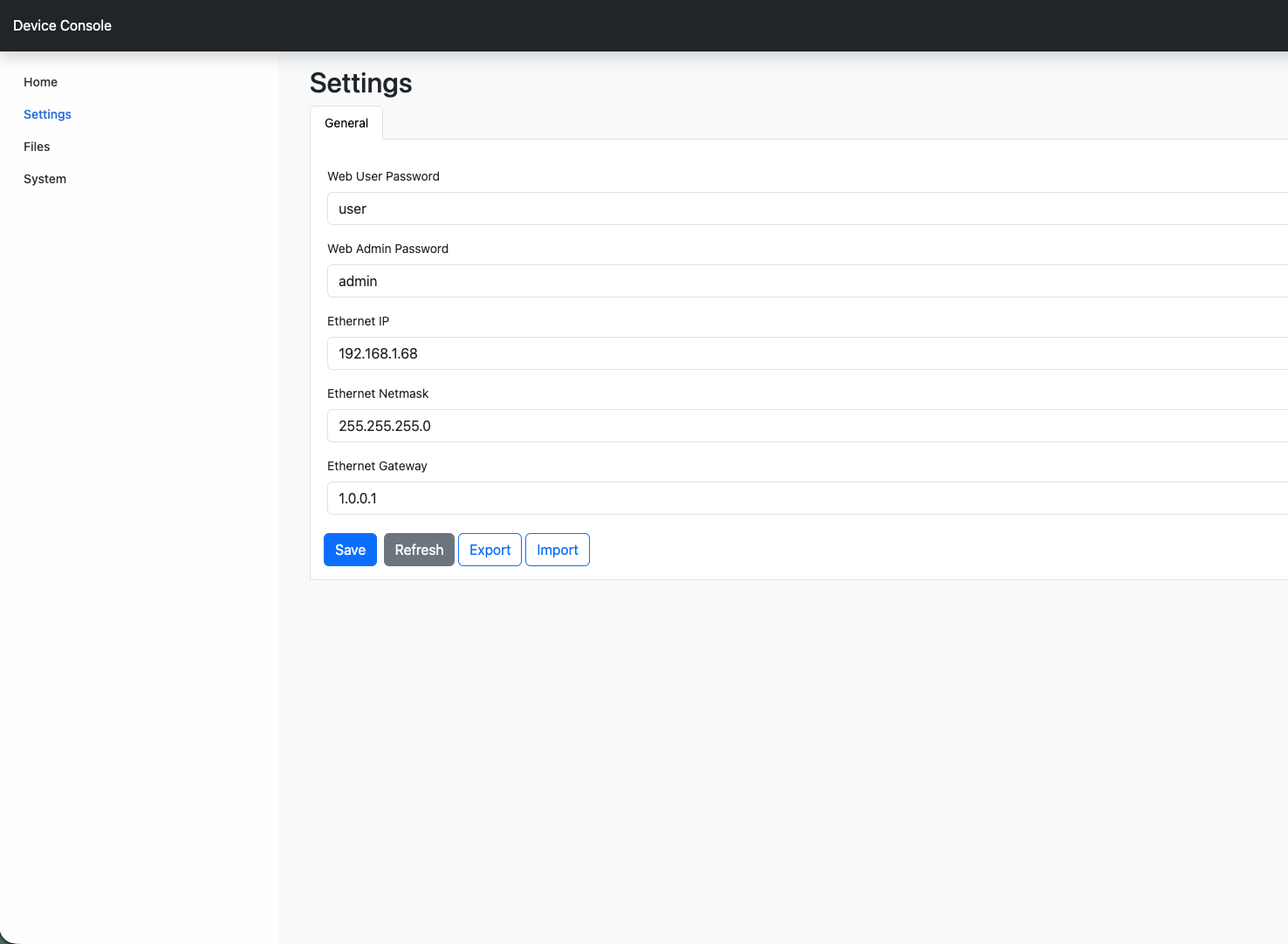 Settings page as seen by the admin user