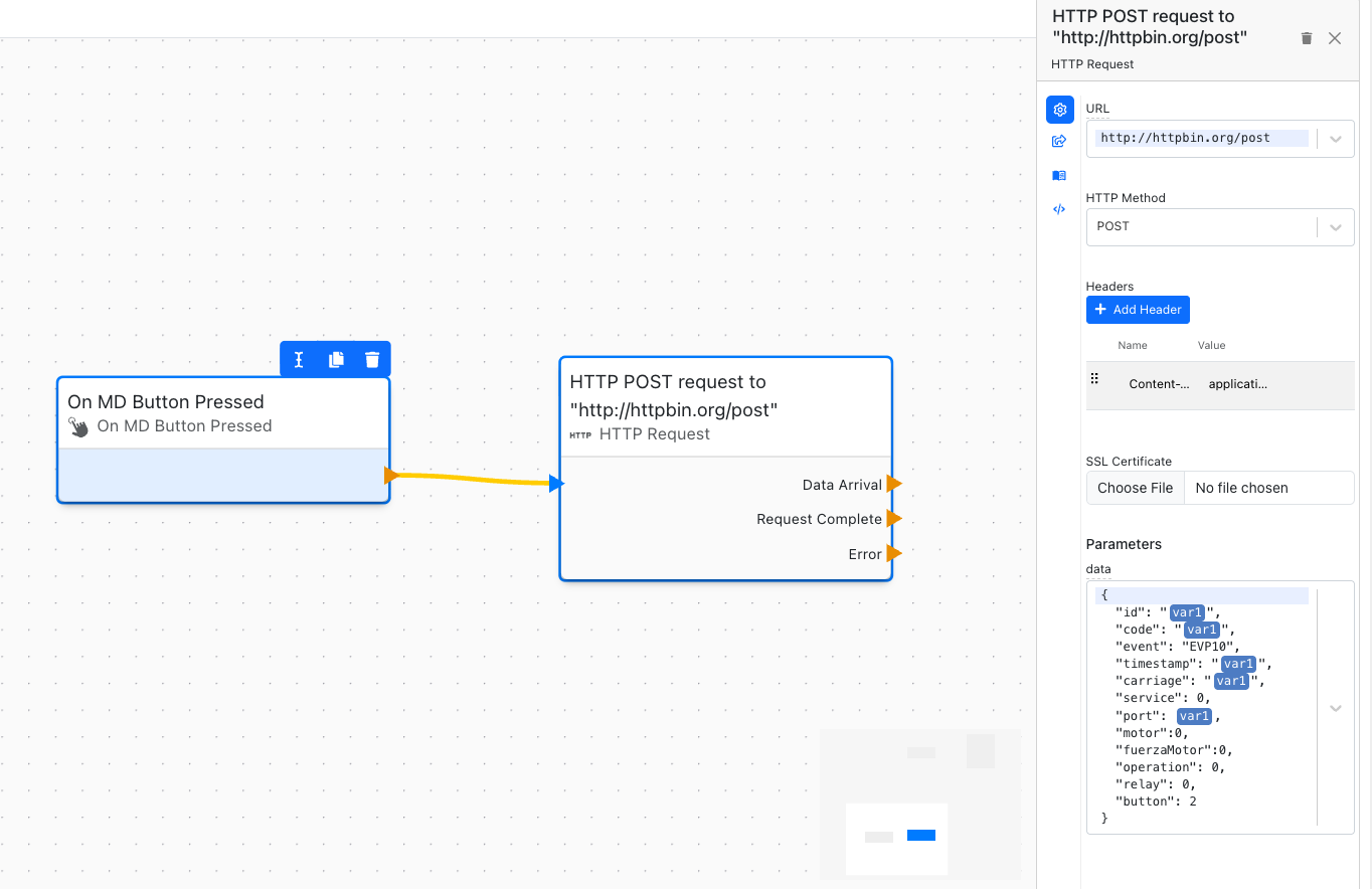 Screenshot of the HTTP Request block with a JSON body that exceeds 255 bytes