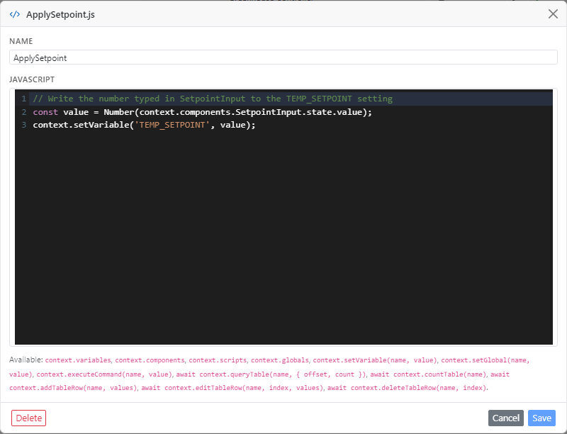 The script editor for ApplySetpoint. The code reads SetpointInput's value and calls context.setVariable('TEMP_SETPOINT', value).