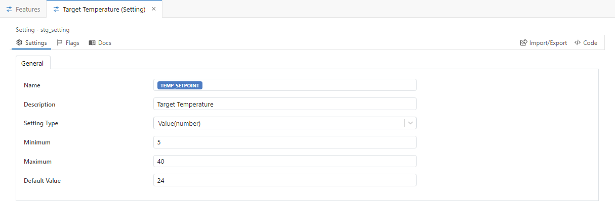 The editor tab for the TEMP_SETPOINT setting with Name, Description, Setting Type, Minimum, Maximum and Default Value fields.