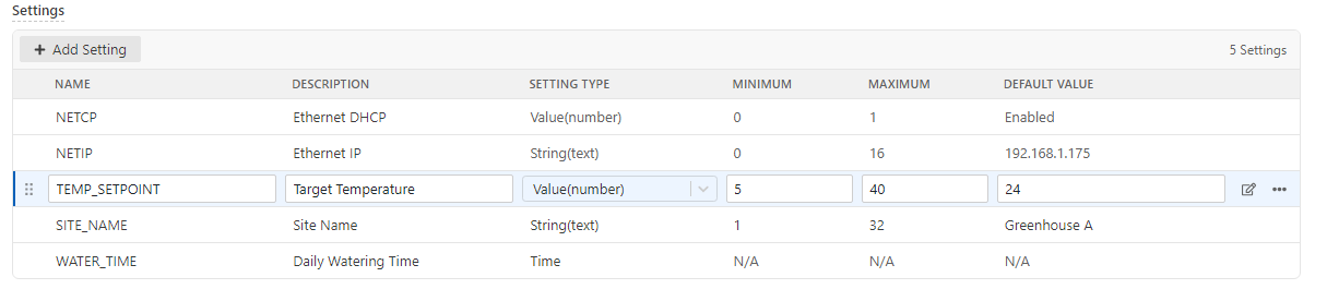The TEMP_SETPOINT row being edited inline in the settings table, with edit and more-actions icons at the end of the row.