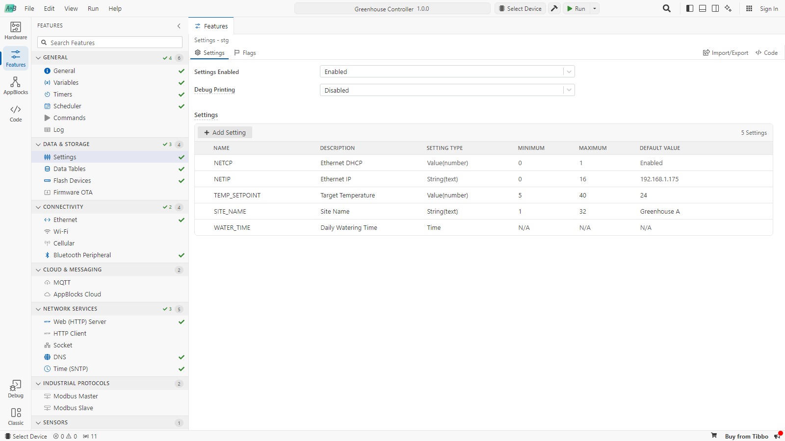 The Features step with Settings selected. The Settings page shows Settings Enabled, Debug Printing and a table of five settings.