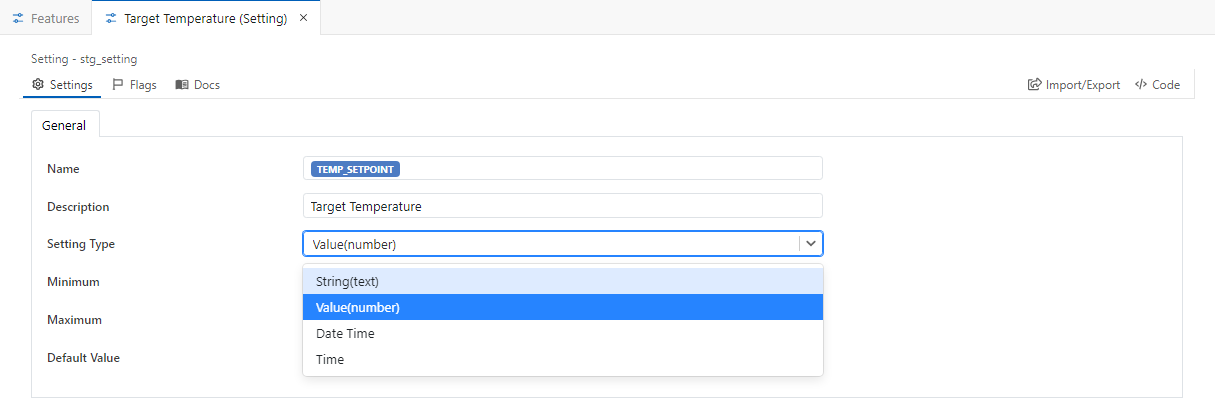 The Setting Type dropdown open, showing String(text), Value(number), Date Time and Time.