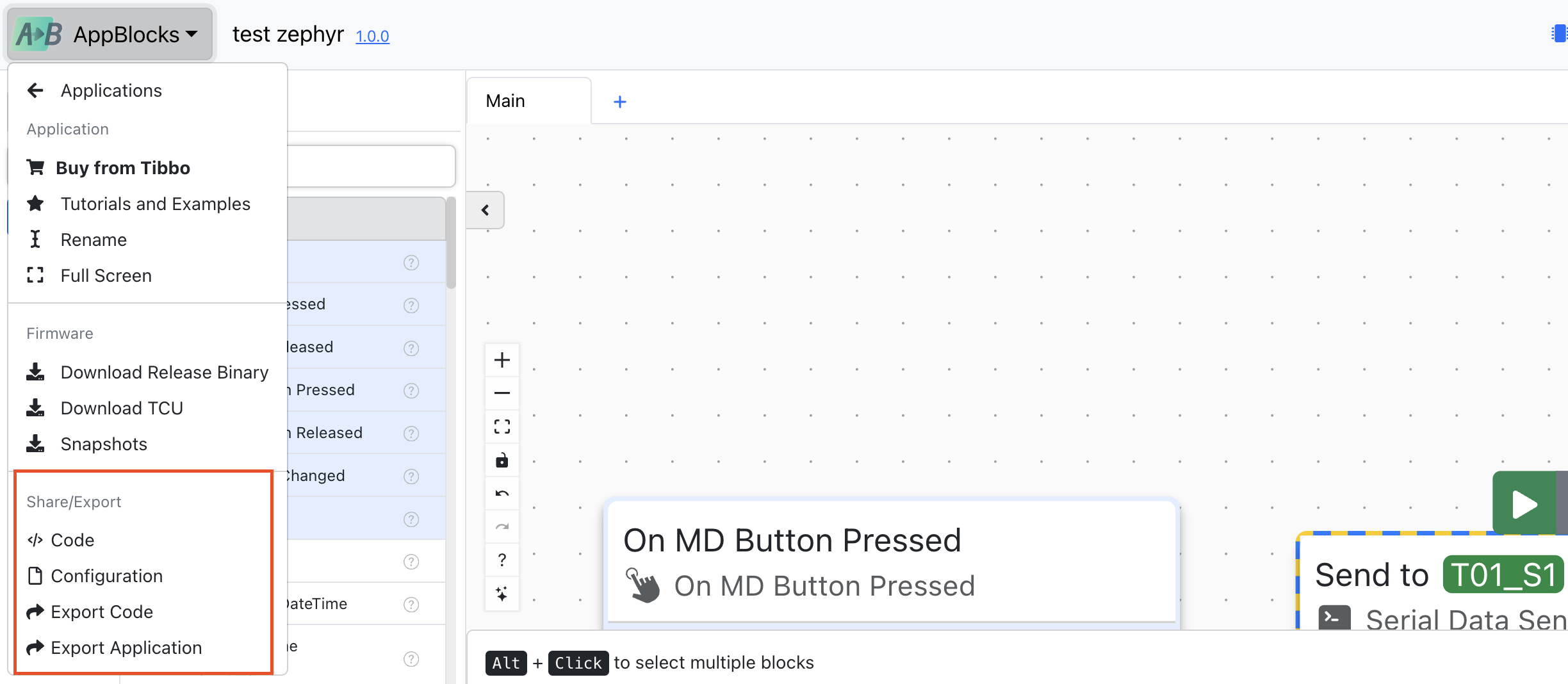 Location of the share/export code and configuration buttons in AppBlocks Editor.