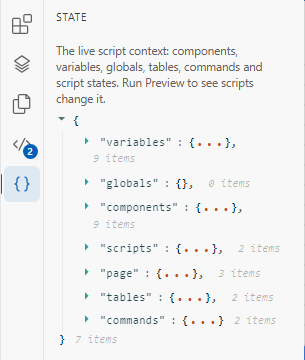 The State view of the page editor with a JSON tree containing variables, globals, components, scripts, page, tables and commands.