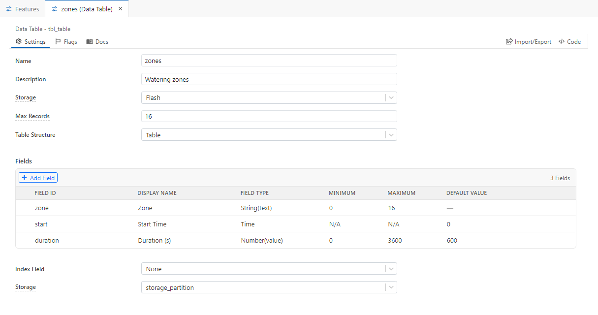 The editor tab for the zones table with Name, Description, Storage, Max Records, Table Structure, a Fields list, Index Field and Storage.