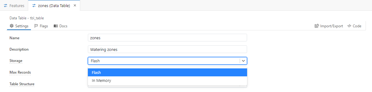 The Storage dropdown of a table open, showing Flash and In Memory.