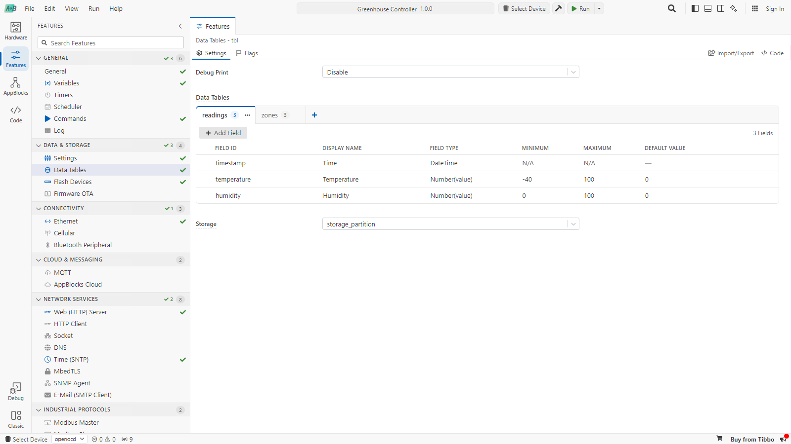 The Data Tables page with readings and zones tabs. The readings table has timestamp, temperature and humidity fields.