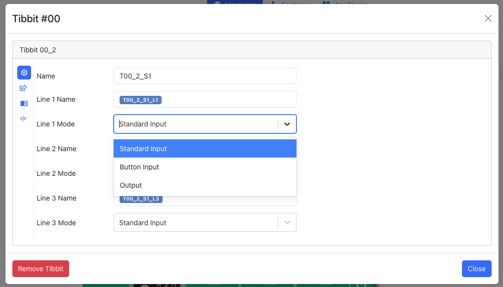 Configuration modal for Tibbit #01, where GPIO lines can be configured as inputs.