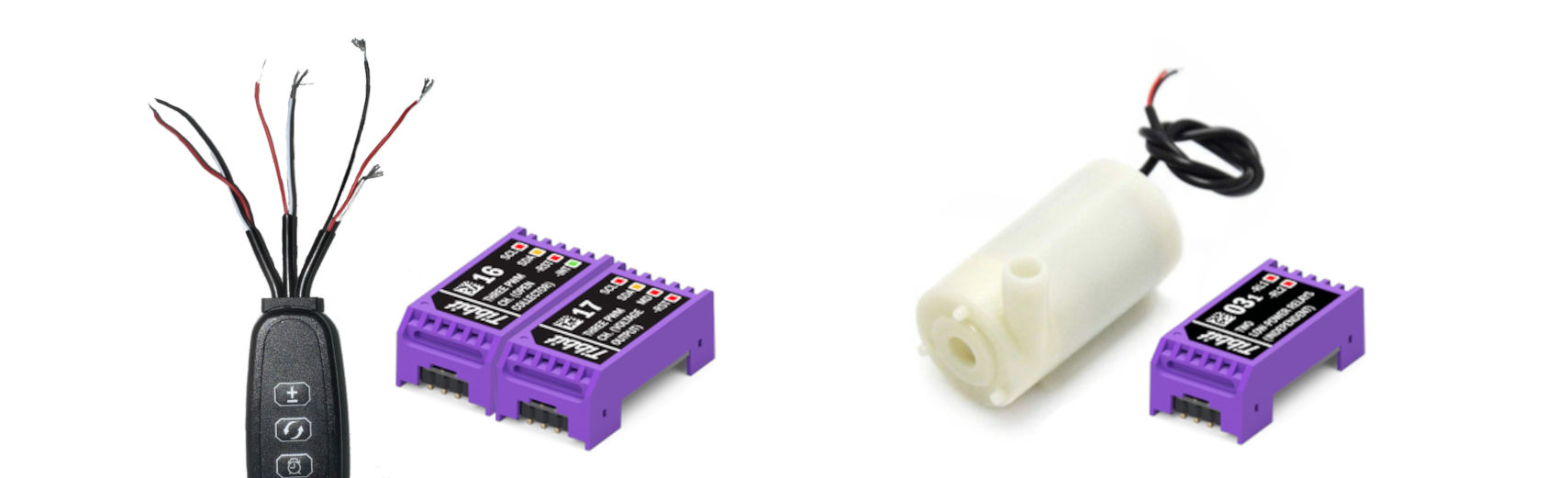 A light controller next to two PWM Tibbits and a water pump next to a relay Tibbit.