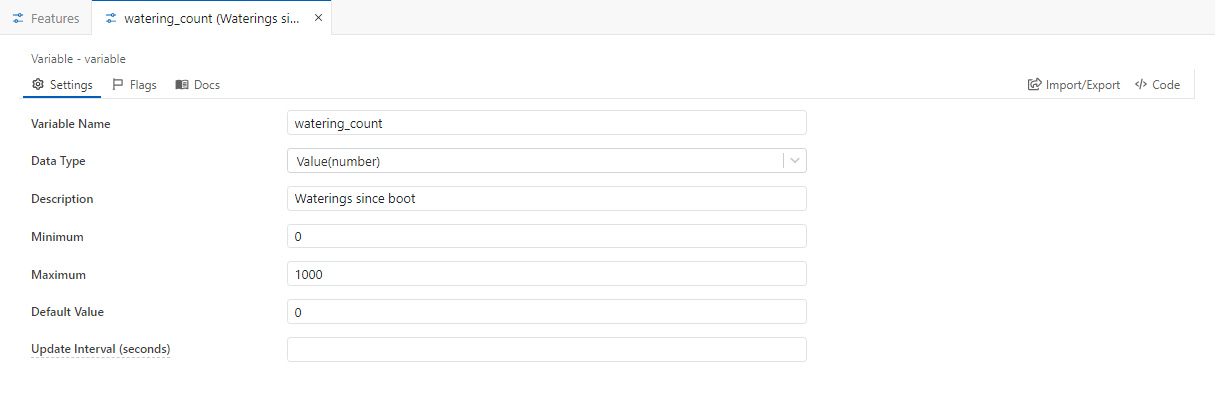The editor tab for watering_count with Variable Name, Data Type, Description, Minimum, Maximum, Default Value and Update Interval fields.
