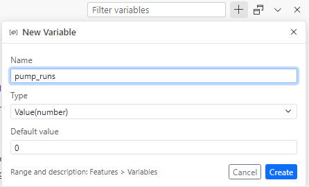 The New Variable popover with Name set to pump_runs, Type Value(number), Default value 0 and Cancel and Create buttons.