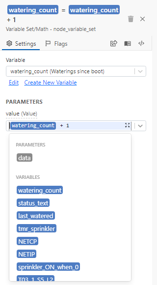 A block's value parameter with its dropdown open, listing a data parameter and variables such as watering_count, status_text, last_watered and NETCP.