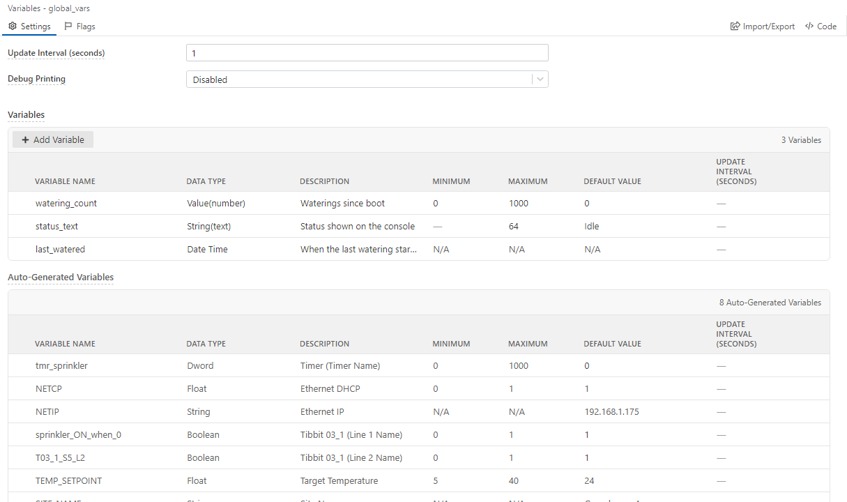 The Variables feature page with Update Interval (seconds), Debug Printing and a table of three project variables, followed by Auto-Generated Variables.