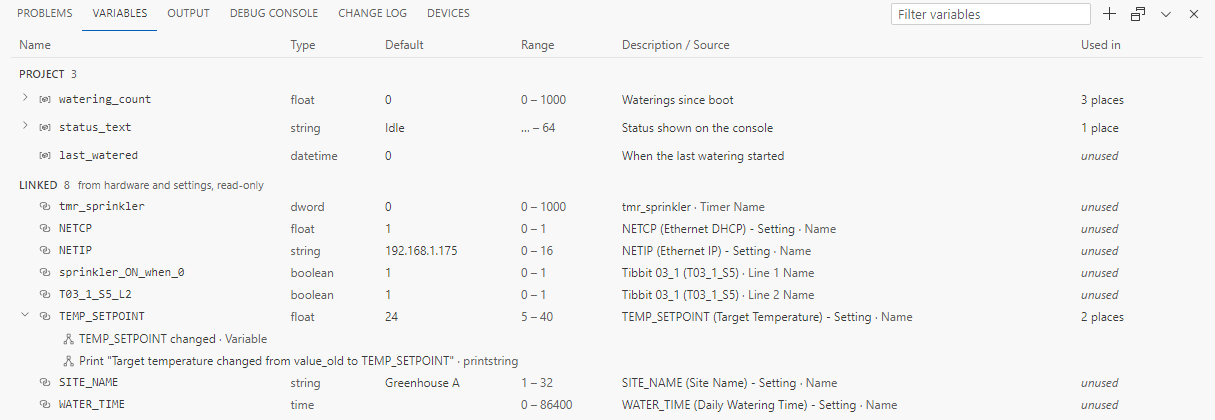 The Variables panel with Project and Linked groups. TEMP_SETPOINT is expanded to show the two places that use it.