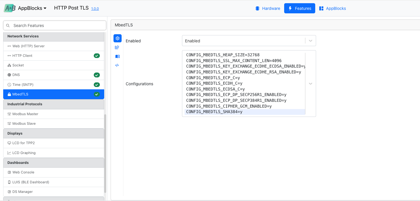 AppBlocks Editor showing debugging terminal for a received HTTP request on a Tibbo Project System.