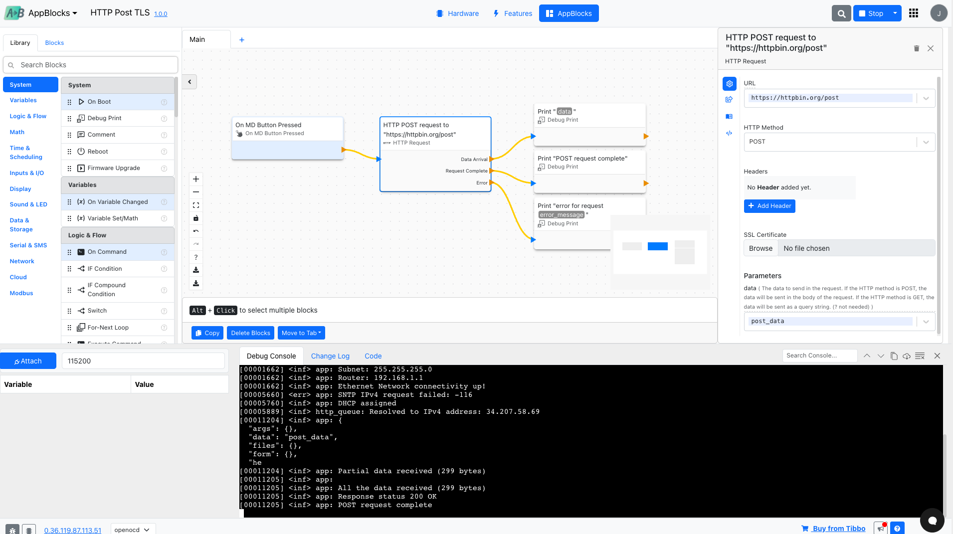 AppBlocks Editor showing debugging terminal for a received HTTP request on a Tibbo Project System.